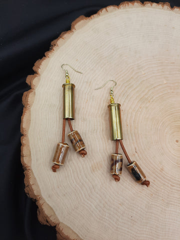 Brass .38 Special Earrings w/ Leather and Glazed Ceramic Beads