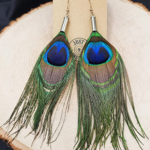 Extra Long Peacock Feather 2A Statement Earrings