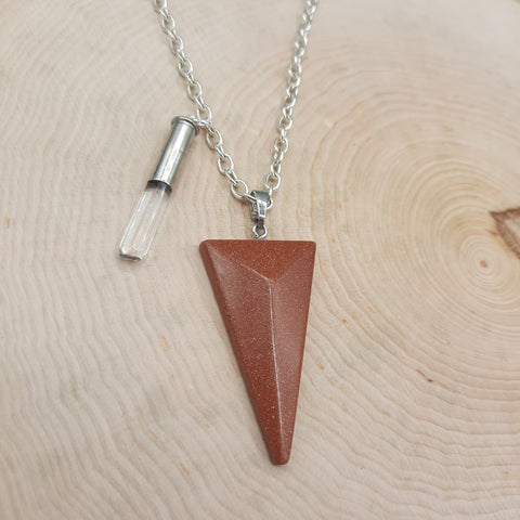 Elongated Triangle Goldstone Pendant and Crystal Bullet 2A Statement Necklace
