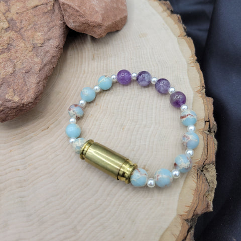 Aqua Sea Sediment Jasper, Amethyst, and Pearl Stretch Bullet Bracelet