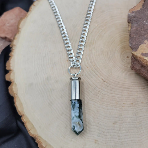 Chunky Moss Agate Crystal Bullet Necklace